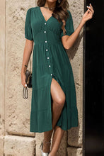 Load image into Gallery viewer, V-Neck Button Up Balloon Sleeve Midi Dress
