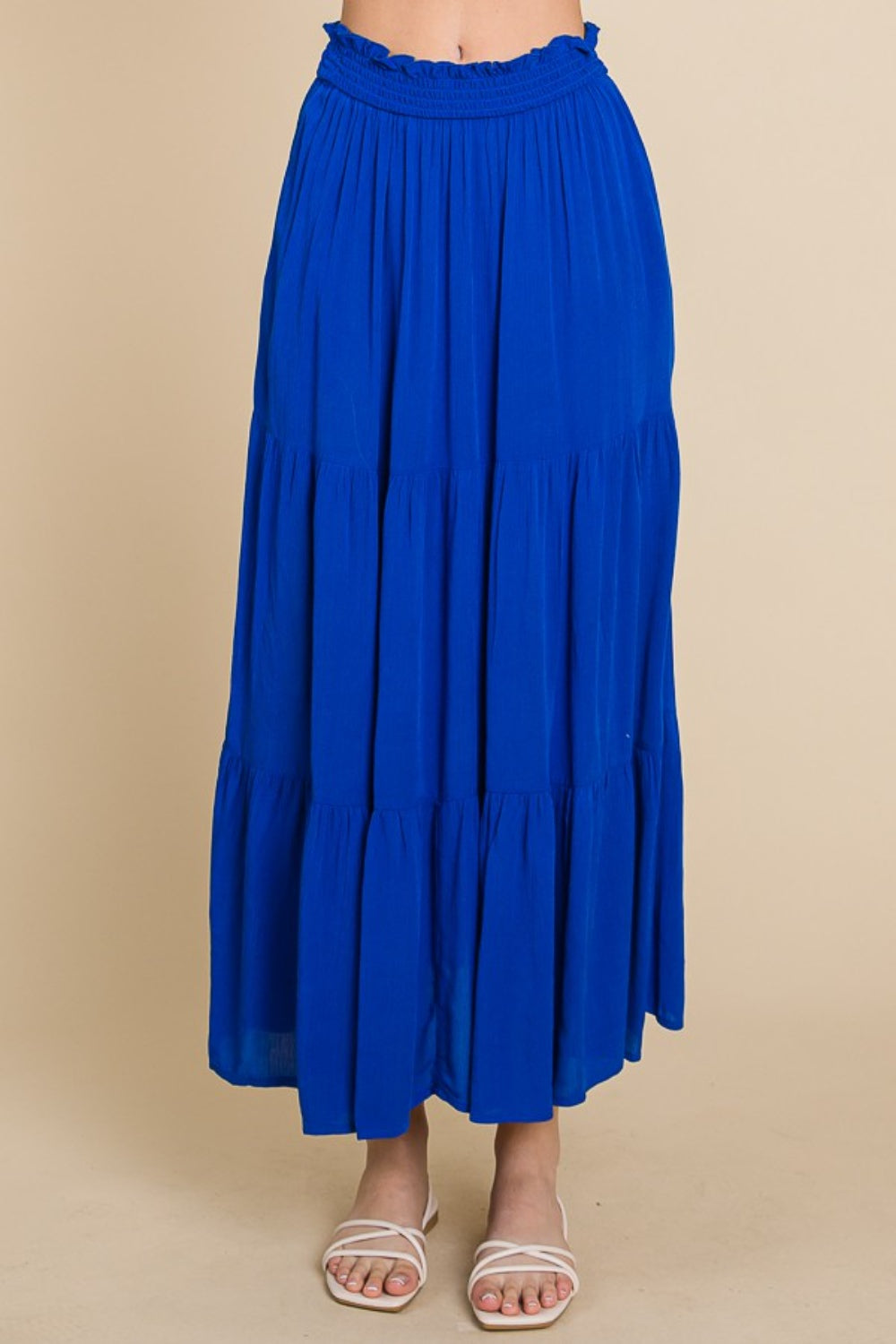 Blue Frill Ruched Midi Skirt