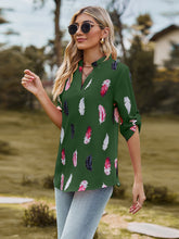 Load image into Gallery viewer, Feather Printed Roll-Tab Sleeve Notched Neck Blouse

